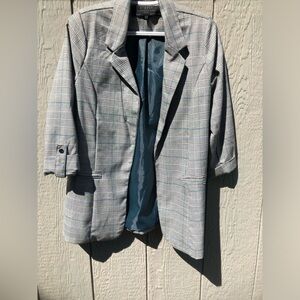 Stoosh Extraordinary Women’s Plaid Flyaway Blazer Baby Blue 3/4 Sleeve Size M